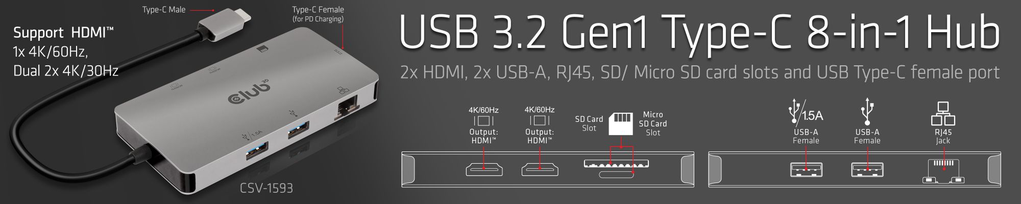 USB 3.2 Gen1 Type-C 8-in-1 hub with 2x HDMI, 2x USB-A, RJ45, SD/Micro SD card slots and USB Type-C female port