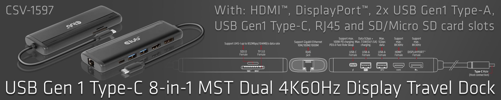 USB Gen1 Type-C 8-in-1 MST Dual 4K60Hz Display Travel Dock
