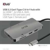 USB 3.2 Gen1 Type-C 8-in-1 hub with 2x HDMI, 2x USB-A, RJ45, SD/Micro SD card slots and USB Type-C female port