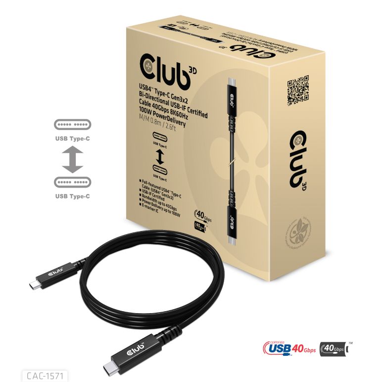 Cable certificado USB-IF bidireccional USB4 Tipo-C Gen3x2 40Gbps 8K60Hz 100W PowerDelivery  M / M 0.8m / 2.6 ft