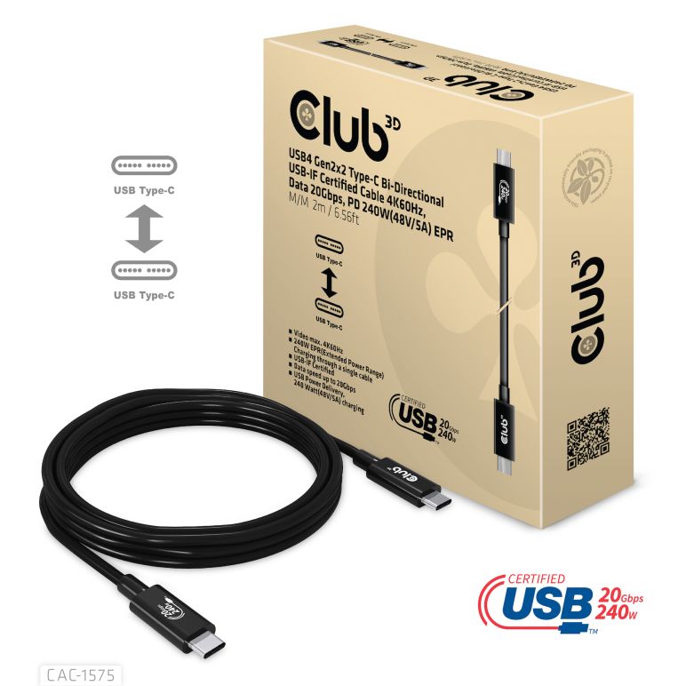 Cable certificado USB4 Gen2x2 Tipo-C Bidireccional USB-IF 4K60Hz, Datos 20Gbps, PD 240W(48V/5A) EPR M/M 2m/6.56 pies